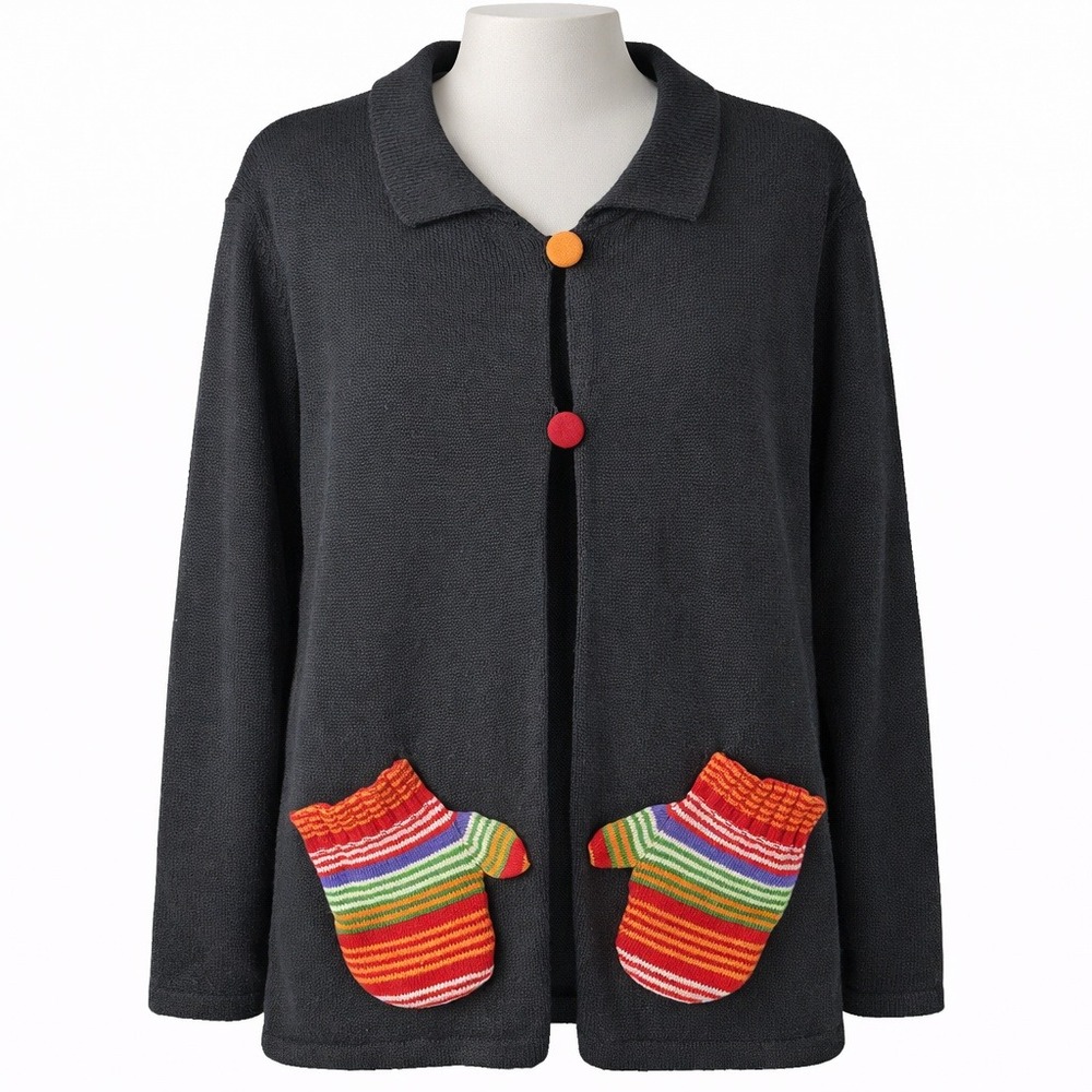 Vintage Y2K Mitten Pocket Button Cardigan Size L Multicolor Black Teacher Granny